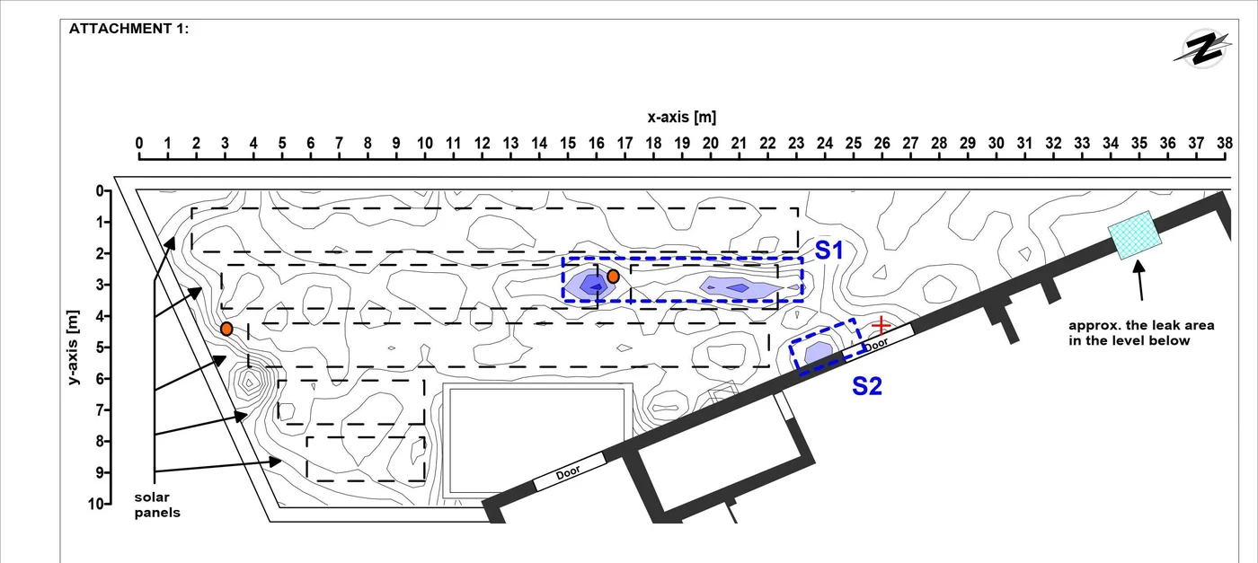 EFT/BLD survey contour map of The Tramyard roof showing two suspicious areas S1 and S2 relative to the leak area in the level below